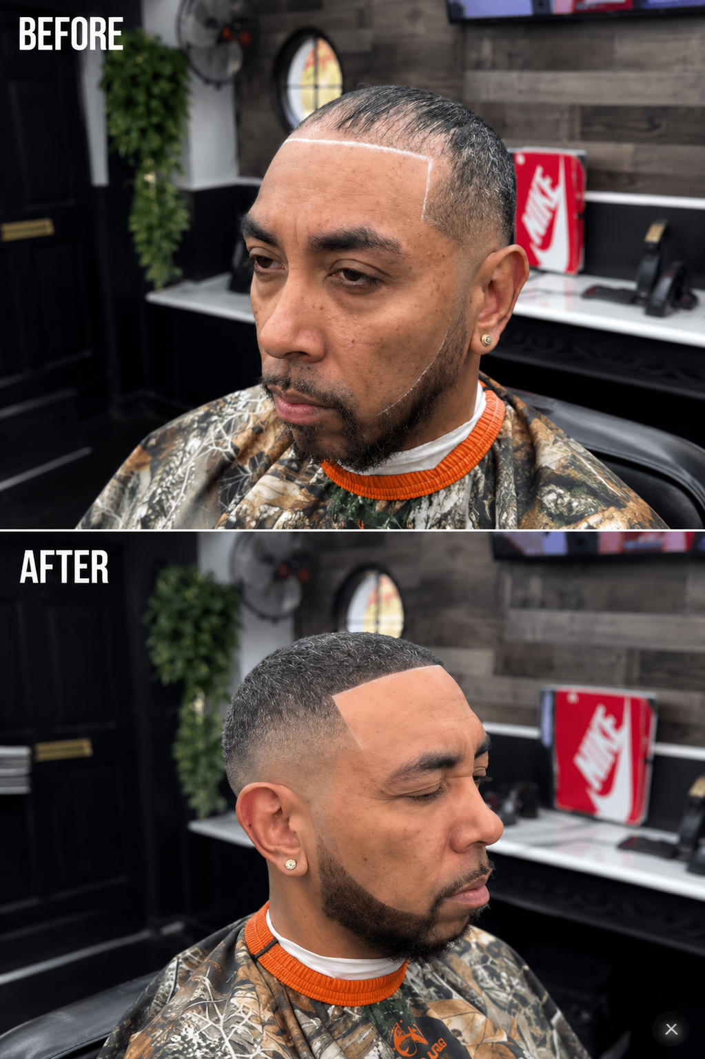 Thinning grey hair at the front filled in, set with a water-resistant spray, and finished with a fade through the sides.
