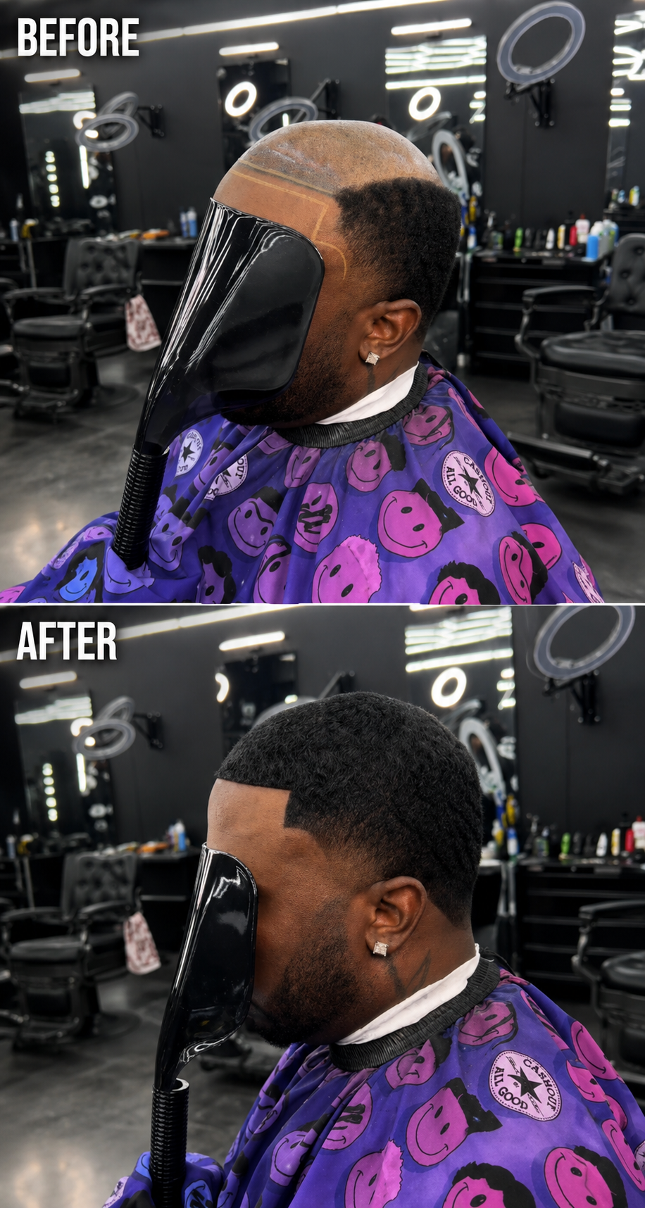 A dense curly top shielded at the front and edged up with a liner, the hairline and temples shaped square to the face.